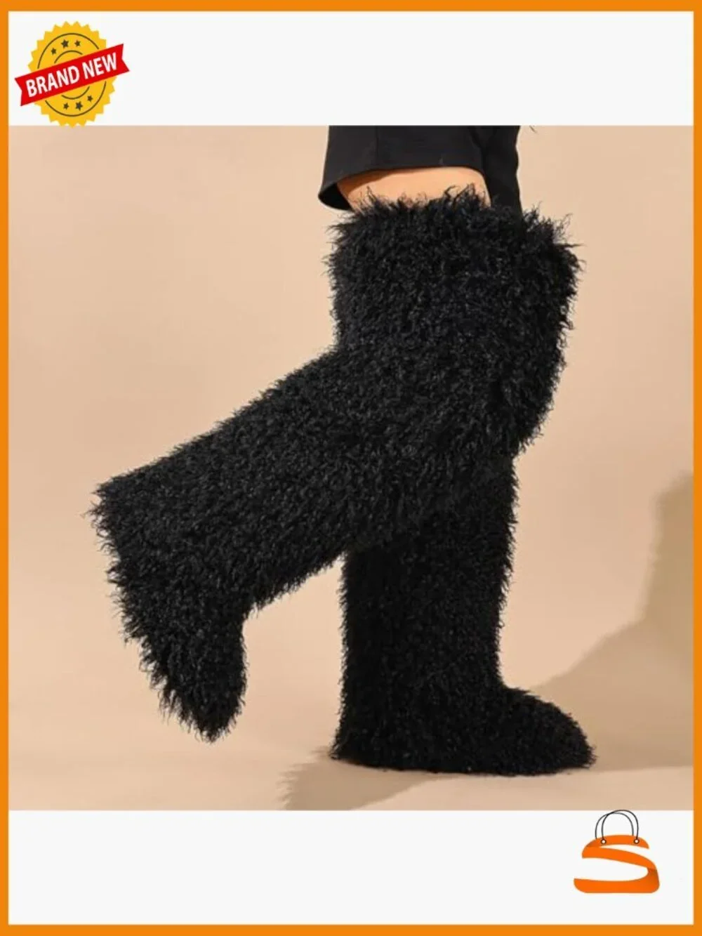 Faux fur knee-high boots, Y2K over-the-knee fluffy flat boots 28in